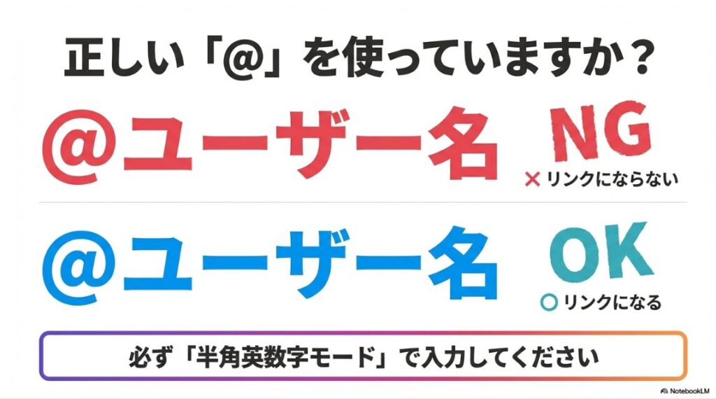 インスタでプロフィールのメンションが青くならない？全角の＠はNG、半角の@はOKという、インスタメンション作成時の正しい記号入力の比較図。