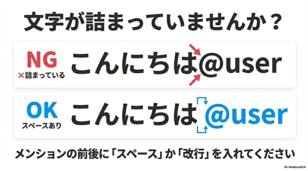インスタでプロフィールのメンションが青くならない？メンションが他の文字と詰まっているとリンクにならないため、前後にスペースや改行を入れる正しい例の図解。