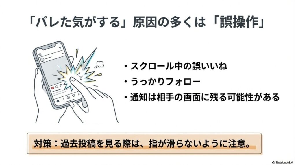 インスタのプロフィール訪問者の見方:インスタグラム閲覧中にスクロール操作で誤って「いいね」をしてしまう誤操作のイラスト