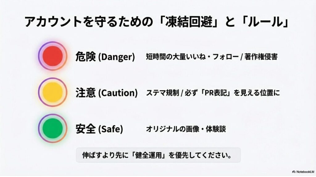 Instagramの収益化を徹底解説！インスタで稼ぐやり方や条件：アカウント凍結を回避するための危険・注意・安全アクションの分類図