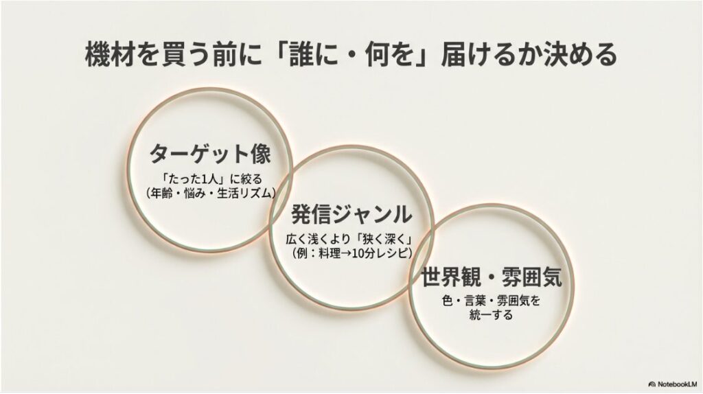 インスタをゼロから始める準備グッズ完全版｜ターゲット像、発信ジャンル、世界観の統一について解説したスライド