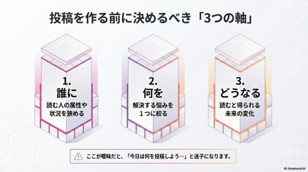 インスタ運用の始め方（初心者）投稿作成前に決めるべき3つの軸（誰に・何を・どうなる）の解説図