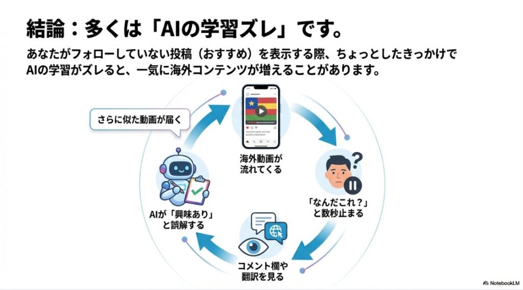 海外動画を見て翻訳やコメントを見るとAIが興味ありと誤解する悪循環の図解