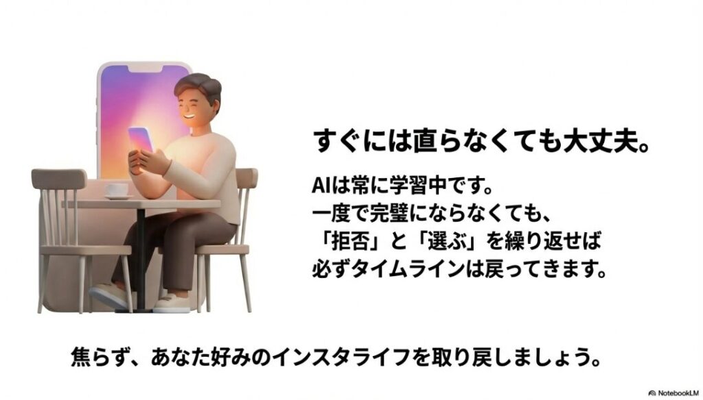 インスタのおすすめが海外ばかりの直し方【2026最新】AIは常に学習中なので焦らず好みのインスタライフを取り戻そうという応援メッセージ