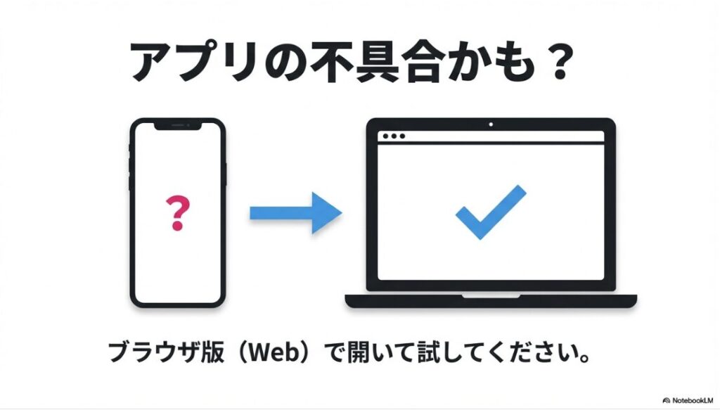 インスタのグループチャットが追加できない原因:スマホアプリで不具合がある際、ブラウザ版(Web版)で試すと解決する場合があることを示す比較画像。