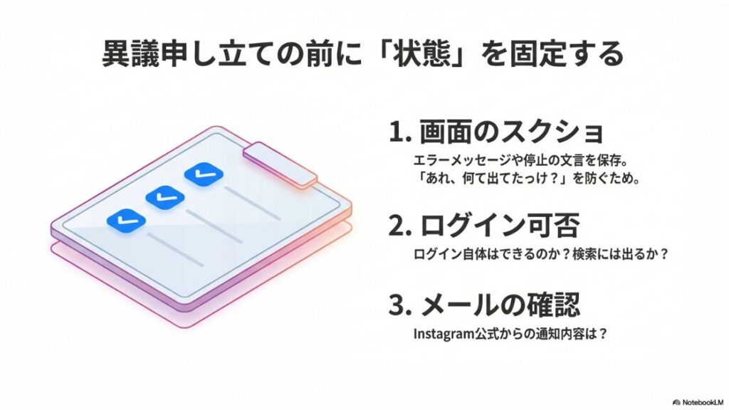 インスタが永久停止?復活の手順|異議申し立ての前に確認すべきスクショ・ログイン可否・メール通知のチェックリスト