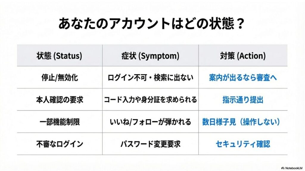 インスタが永久停止?復活の手順|インスタグラムのアカウント状態別の症状と対策一覧表