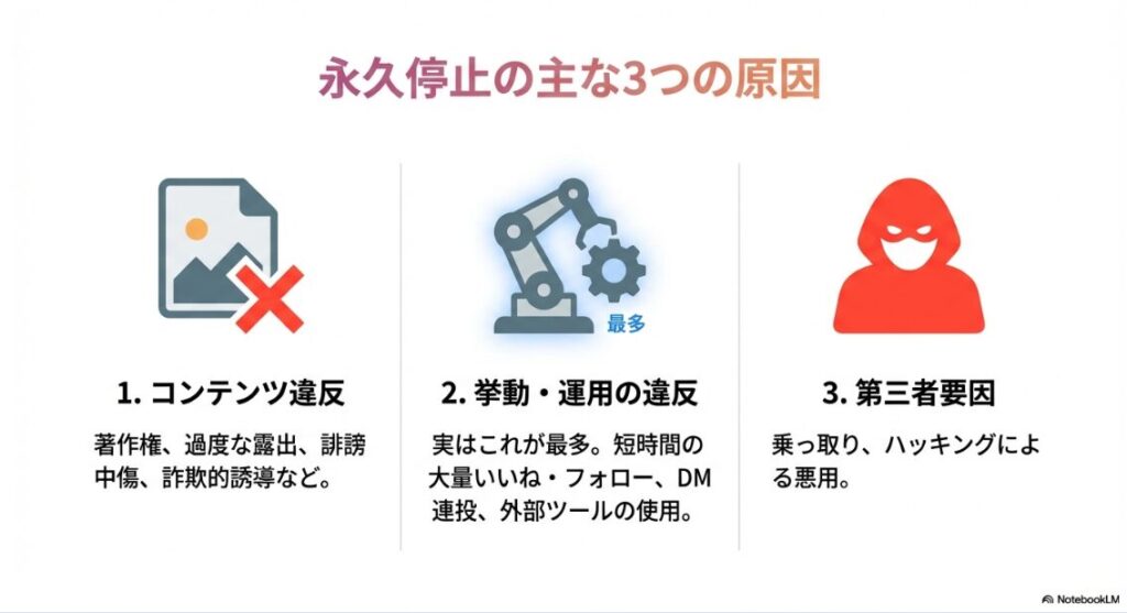 インスタが永久停止?復活の手順|インスタグラム永久停止の主な3つの原因(コンテンツ違反・挙動違反・第三者要因)