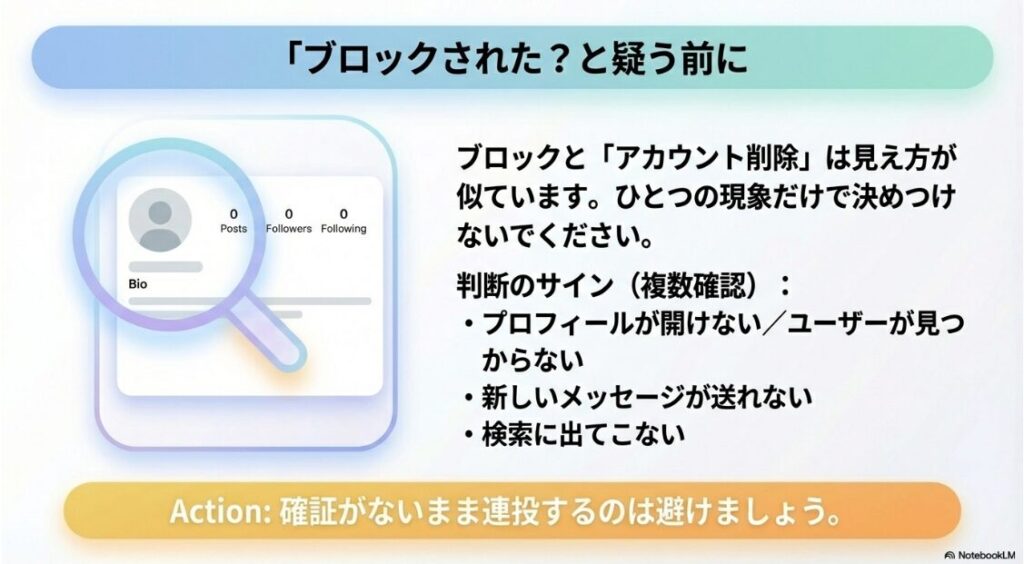 インスタで過去のメッセージを読み込めませんでしたの原因:インスタでブロックされたか確認するための複数の判断ポイントとアカウント削除との違い