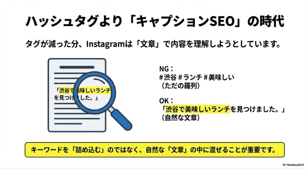 インスタのハッシュタグが5個までに制限：ハッシュタグの羅列ではなく、キャプションの文章中にキーワードを混ぜるSEO対策