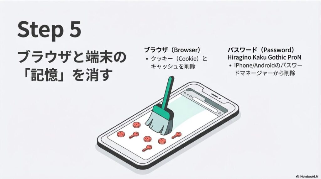 インスタで共有アカウントの抜け方は？ログアウトと削除法：手順5：インスタグラムの完全な離脱のために、ブラウザのCookieやキャッシュ、スマホのパスワードマネージャーから情報を削除するイメージ図。