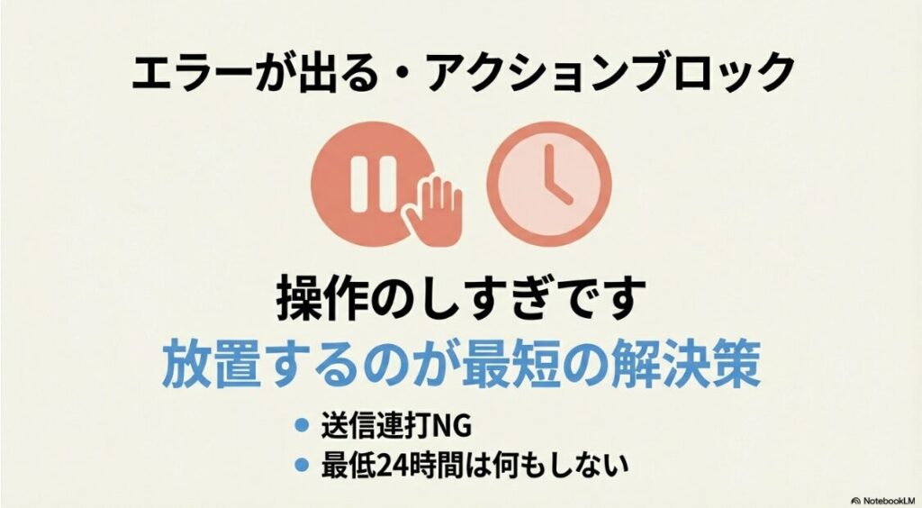 インスタでDMが送れない人に送る方法｜「操作のしすぎ」によるエラーが出た場合、送信を連打せず、最低24時間は何もせずに放置するのが最短の解決策であることを示す図解。