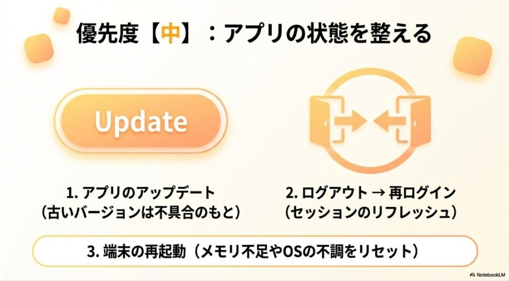 インスタで過去のメッセージを読み込めませんでしたの原因:インスタDM不具合解消の優先度中ステップ(アップデート・ログアウト・再起動)