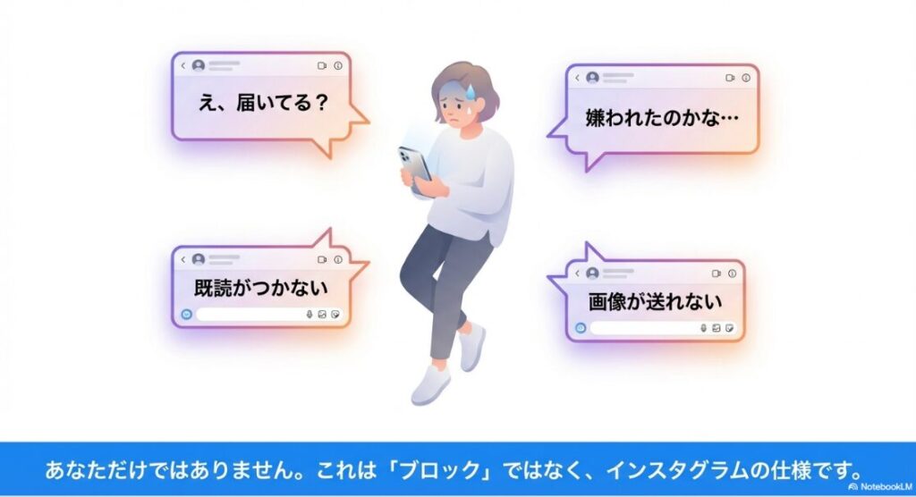 インスタで「DM招待が送信されました」の意味：インスタグラムでDM招待が送信されましたと表示され、既読がつかないことや拒否されたのではないかと不安に感じている女性のイラスト