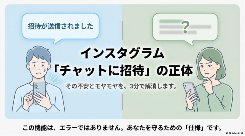 インスタの「チャットに招待」とは？インスタグラムで「招待が送信されました」という表示を見て、意味がわからず困惑している男性のイラスト