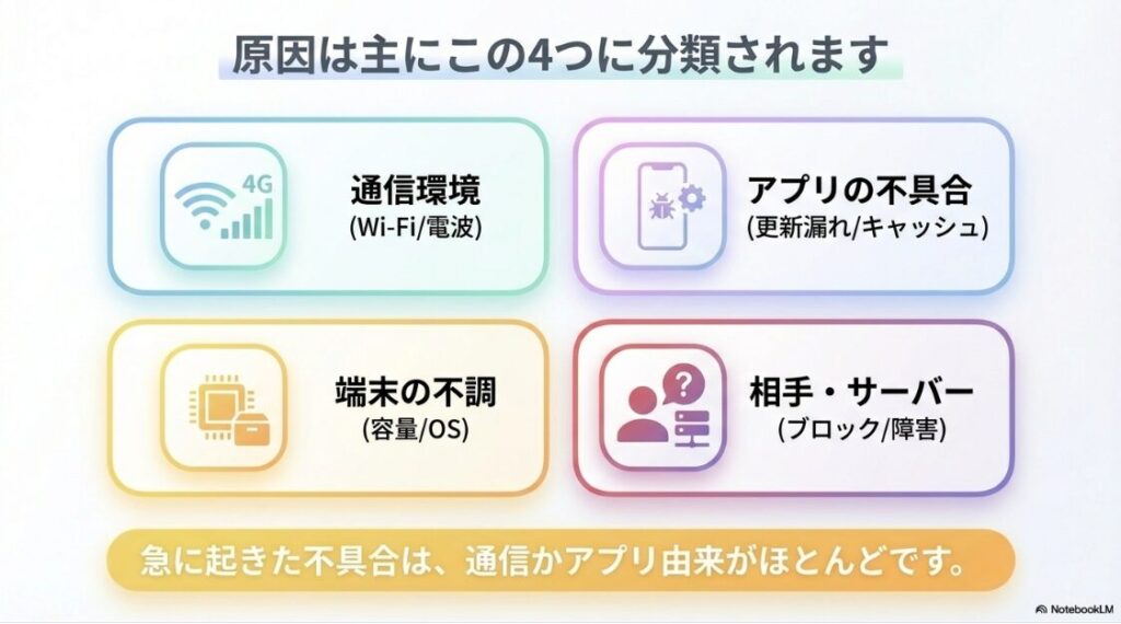 インスタで過去のメッセージを読み込めませんでしたの原因:インスタDMが読み込めない主な原因(通信環境・アプリ不具合・端末不調・サーバー障害)の分類図