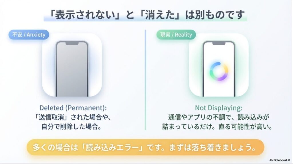 インスタで過去のメッセージを読み込めませんでしたの原因:インスタDMが表示されない状態と完全に削除された状態の違いについての解説図