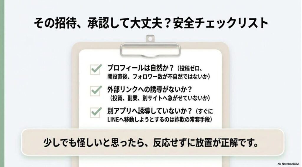 インスタの「チャットに招待」とは？DMを承認する前に確認すべき、プロフィールの自然さ、外部リンク誘導の有無、別アプリへの誘導などのチェックポイント一覧