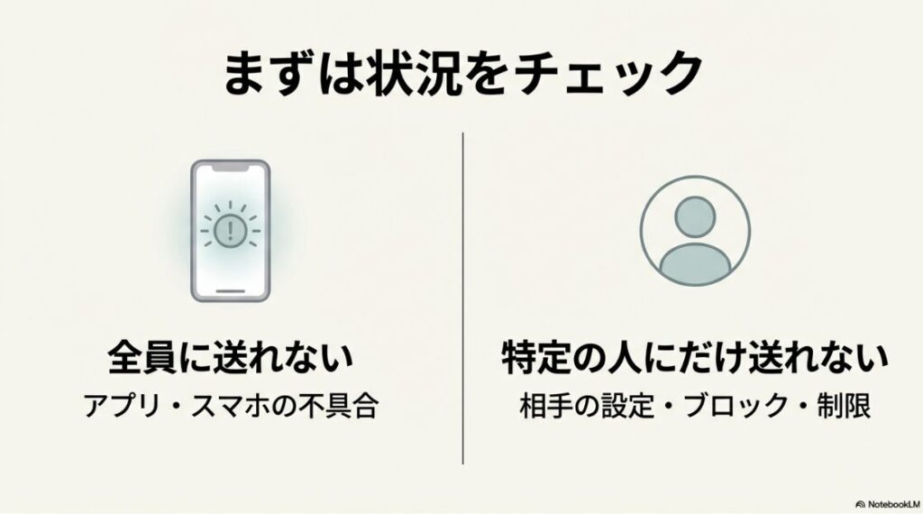 インスタでDMが送れない人に送る方法｜スマートフォンにエラーマークが表示されているイラストと、人物のアイコン。DMが送れない状況を「全員に送れない（アプリ不具合）」か「特定の人に送れない（相手の設定・ブロック）」かで切り分けるフローの図解。