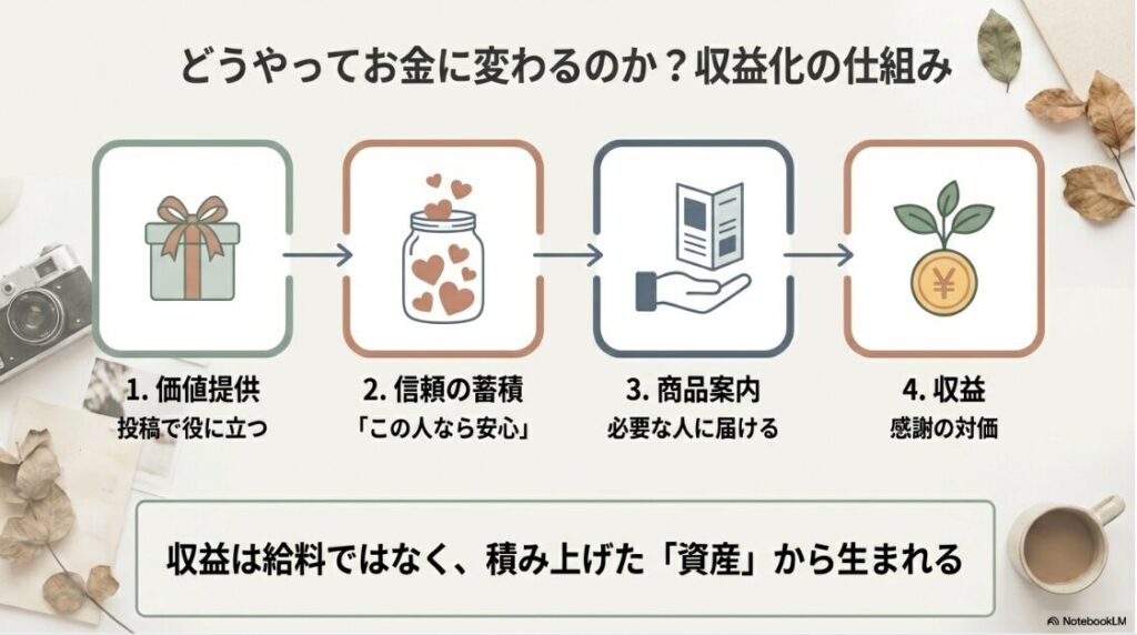 主婦がインスタで稼ぐ最短ロードマップ｜価値提供、信頼の蓄積、商品案内を経て収益が生まれる仕組みの図解