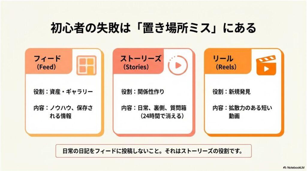 インスタの初心者あるあるを解決！図解：フィード投稿、ストーリーズ、リールの役割の違いと、初心者が陥りやすい「置き場所ミス」の解説