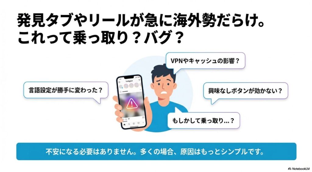 インスタのおすすめが海外ばかりの直し方【2026最新】インスタのおすすめやリールが海外投稿ばかりになったスマホ画面と桜の風景発見タブやリールが急に海外勢だらけになる原因（乗っ取り・バグ・言語設定）のQ&A