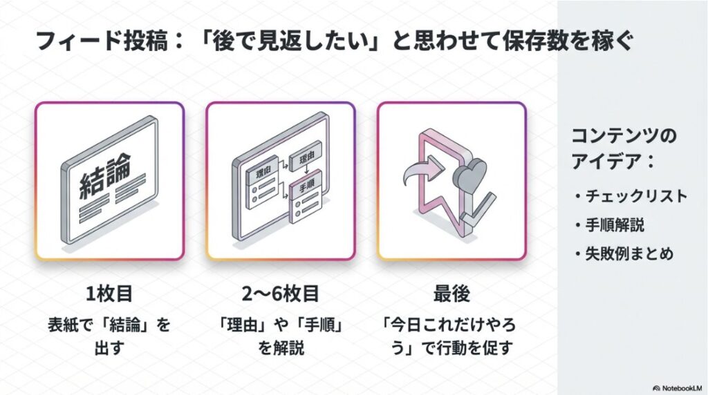 インスタ運用の始め方（初心者）保存数を稼ぐためのフィード投稿の構成テンプレート（結論・理由・手順・行動）