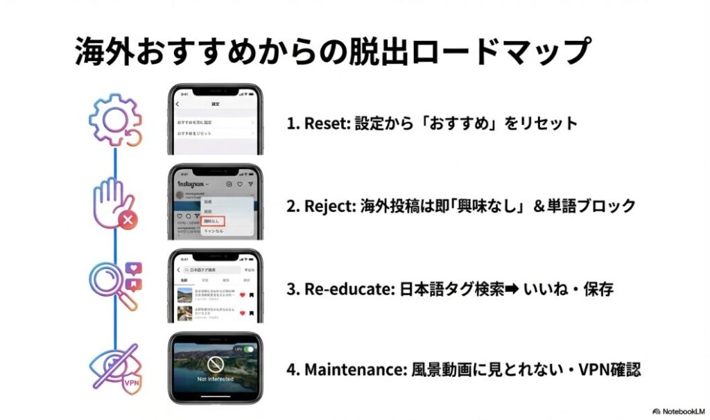 インスタのおすすめが海外ばかりの直し方【2026最新】リセットから拒否、再教育、維持までの海外おすすめ脱出ロードマップ図解