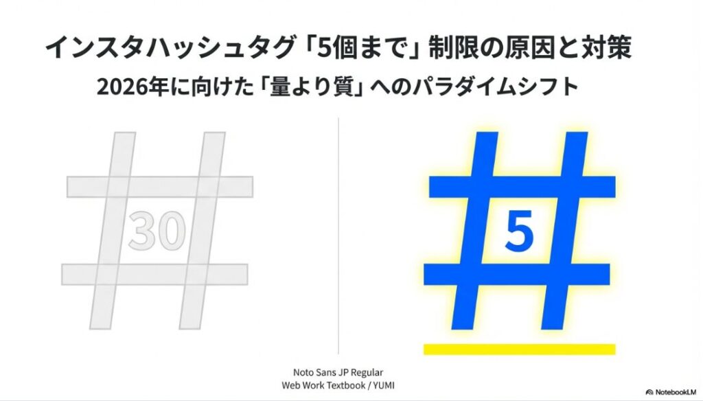 インスタのハッシュタグが5個までに制限：インスタグラムのハッシュタグが30個から5個へ制限変更されたことを示すイメージ図