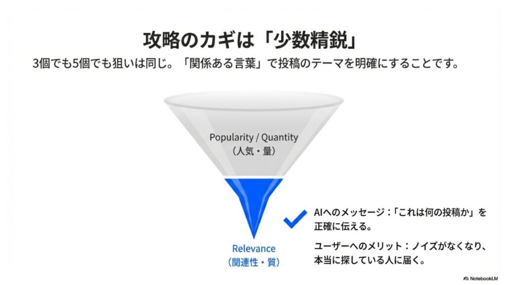 インスタのハッシュタグが5個までに制限：ハッシュタグの数よりも関連性と質を重視する「少数精鋭」の考え方