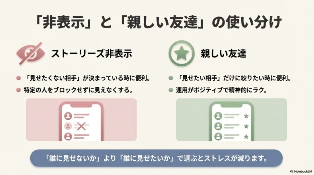 インスタのストーリーを見れないようにされてる原因：見せたくない相手には「非表示」、見せたい相手には「親しい友達」を使うという、ストレスのない使い分けの比較。