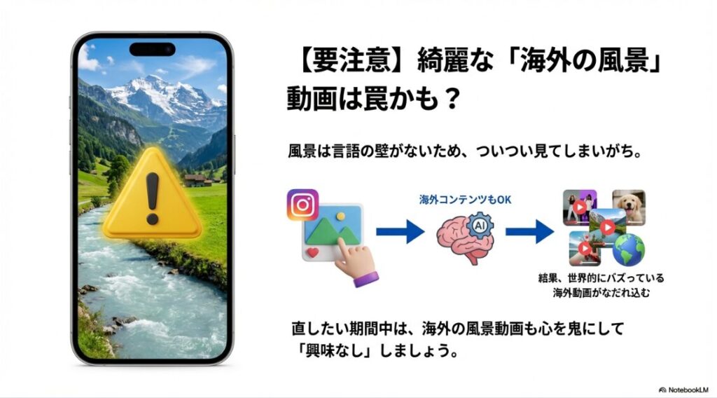 インスタのおすすめが海外ばかりの直し方【2026最新】綺麗な海外の風景動画を見るとAIが誤学習して海外動画が増える注意喚起