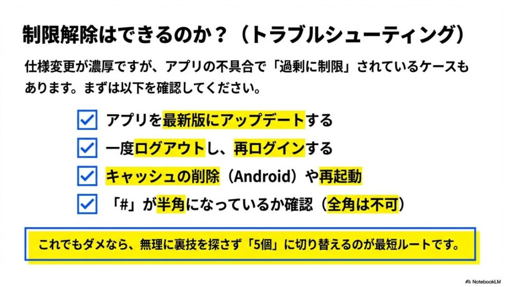 インスタのハッシュタグが5個までに制限：インスタグラムの制限解除や不具合解消のための確認リスト（アップデート、ログアウト等）