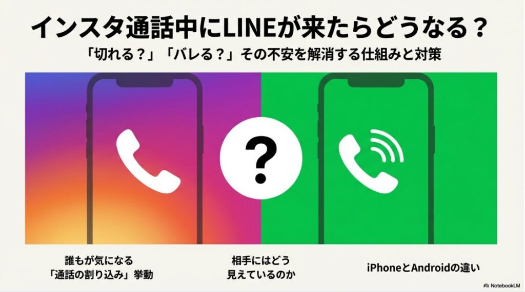 インスタで電話中にLINE電話は出れる？インスタ通話とLINE通話のアイコンが表示されたスマートフォンとハテナマーク。通話が被った時の疑問を表すイラスト。