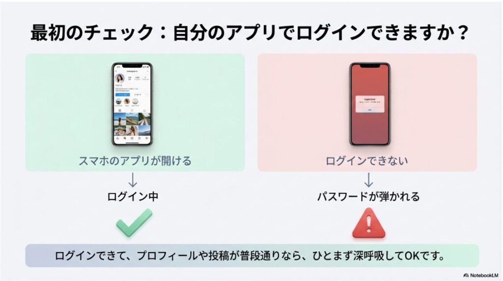 インスタのパスワードをリセットメールが覚えがないのに届いた原因：Instagramアプリを開いてプロフィール画面が表示されるか確認する手順