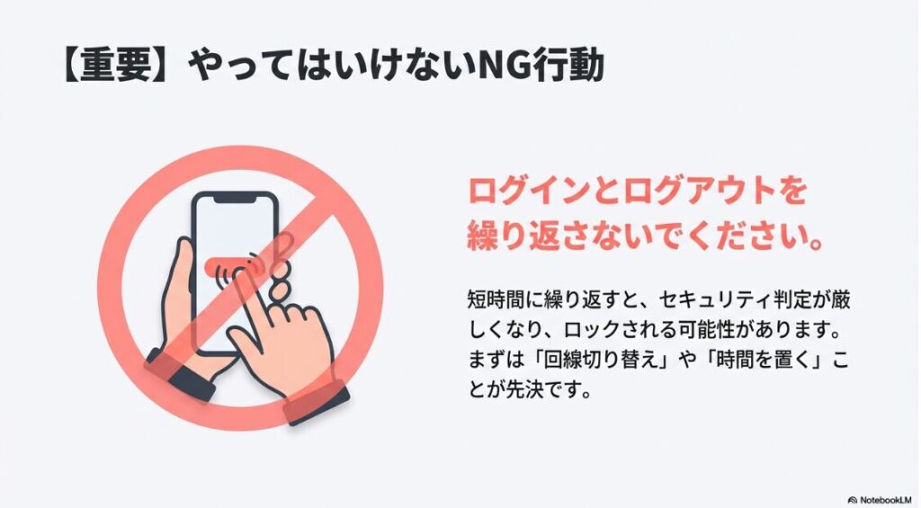 インスタが見れない？真っ白の原因：不具合発生時にログインとログアウトを繰り返すNG行動への注意喚起イラスト