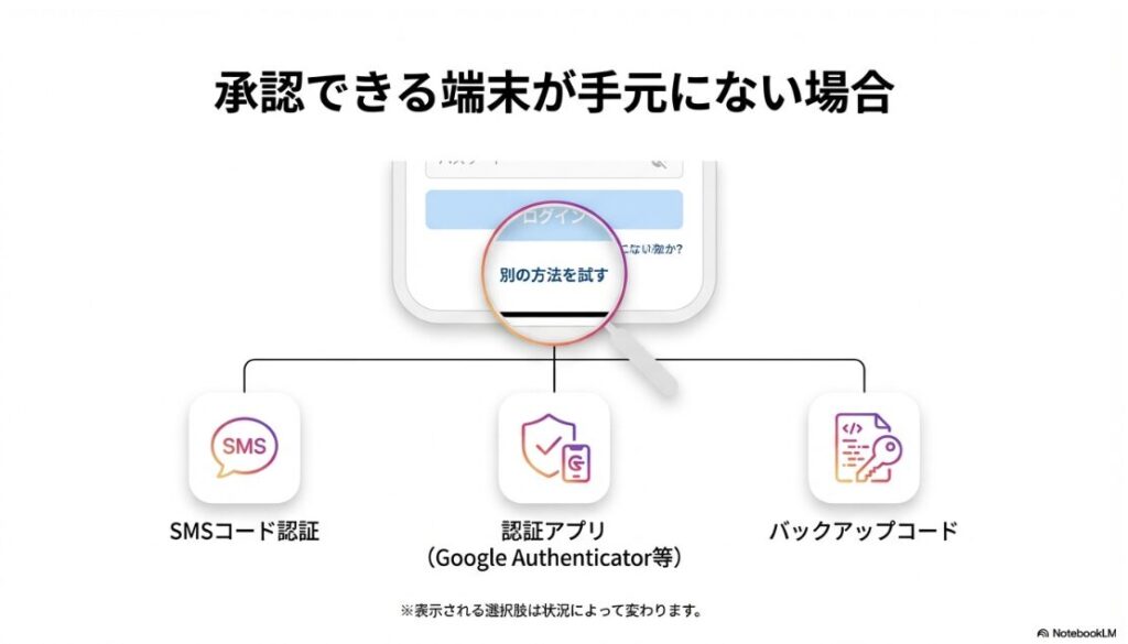 インスタで別のデバイスでお知らせを確認してくださいはどこ?インスタグラムログイン画面の「別の方法を試す」で表示される選択肢(SMS認証、バックアップコードなど)
