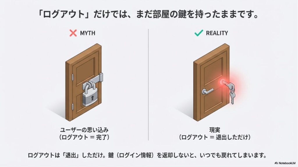 インスタで共有アカウントの抜け方は？ログアウトと削除法：ログアウトは部屋から退出しただけで、鍵（ログイン情報）を持っていればいつでも戻れてしまうことを示す概念イラスト。