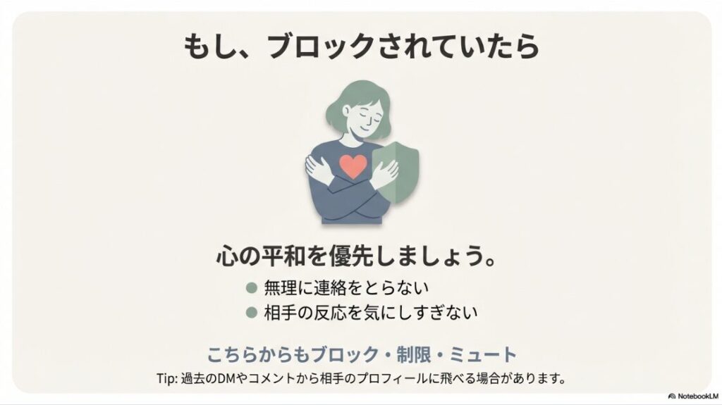 自分自身をハグして盾で守っている女性のイラスト。もしブロックされていても無理に連絡せず、心の平和を優先することをアドバイスする画像。