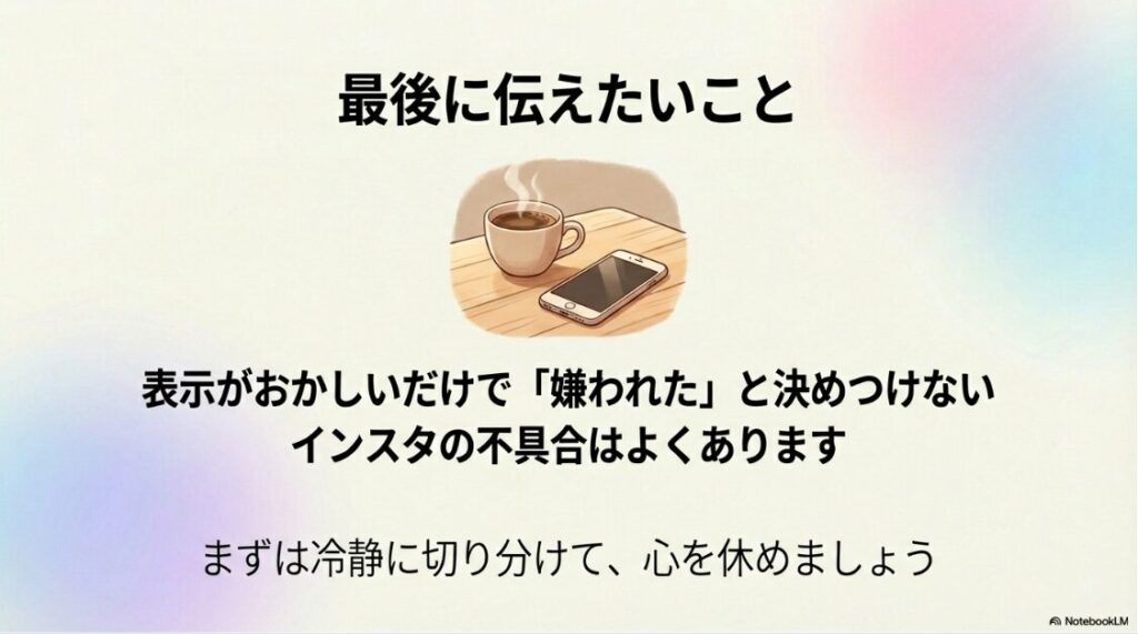 インスタで読み込み中はブロック？コーヒーとスマートフォンのイラスト。「表示がおかしいだけで嫌われたと決めつけない」「まずは心を休めましょう」というメッセージ。