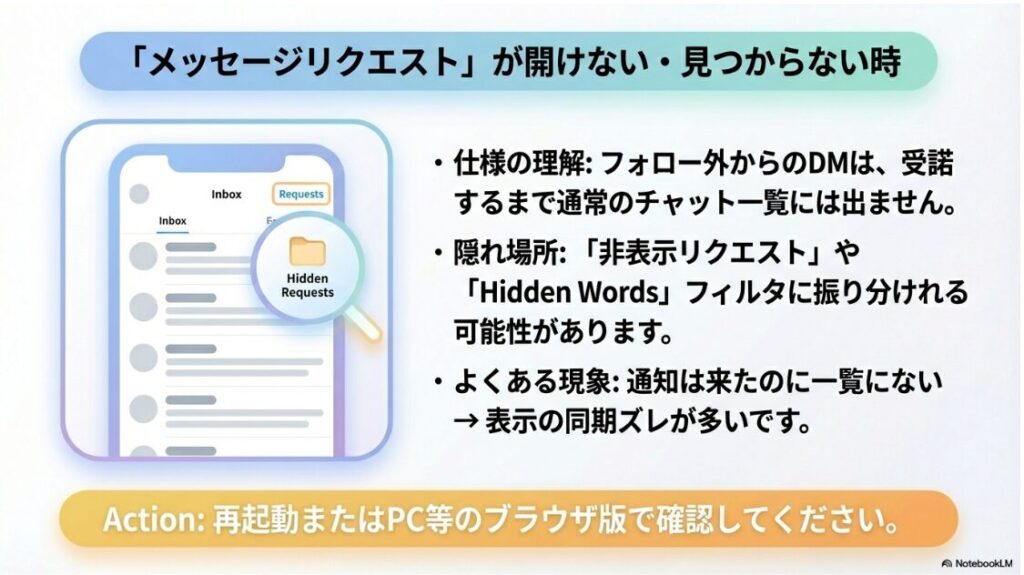 インスタで過去のメッセージを読み込めませんでしたの原因:インスタのメッセージリクエストが開けない・見つからない時の確認箇所と非表示リクエスト