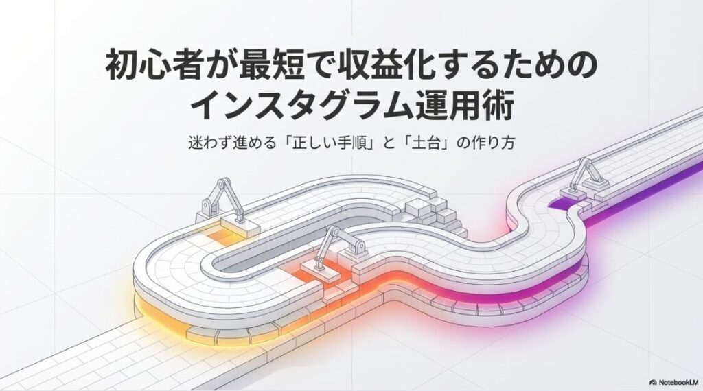インスタ運用の始め方│初心者が収益化まで迷わない最短手順を解説：初心者が最短で収益化するためのインスタグラム運用術のタイトルスライド