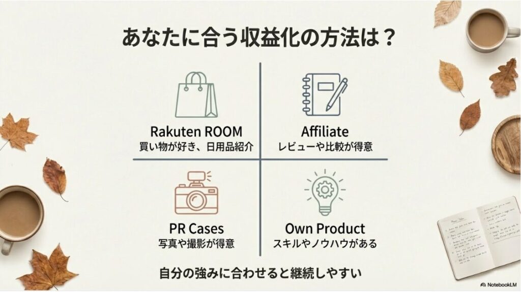 主婦がインスタで稼ぐ最短ロードマップ｜楽天ROOM、アフィリエイト、PR案件、自社商品など、適性に合わせて選べる収益化方法のマトリクス