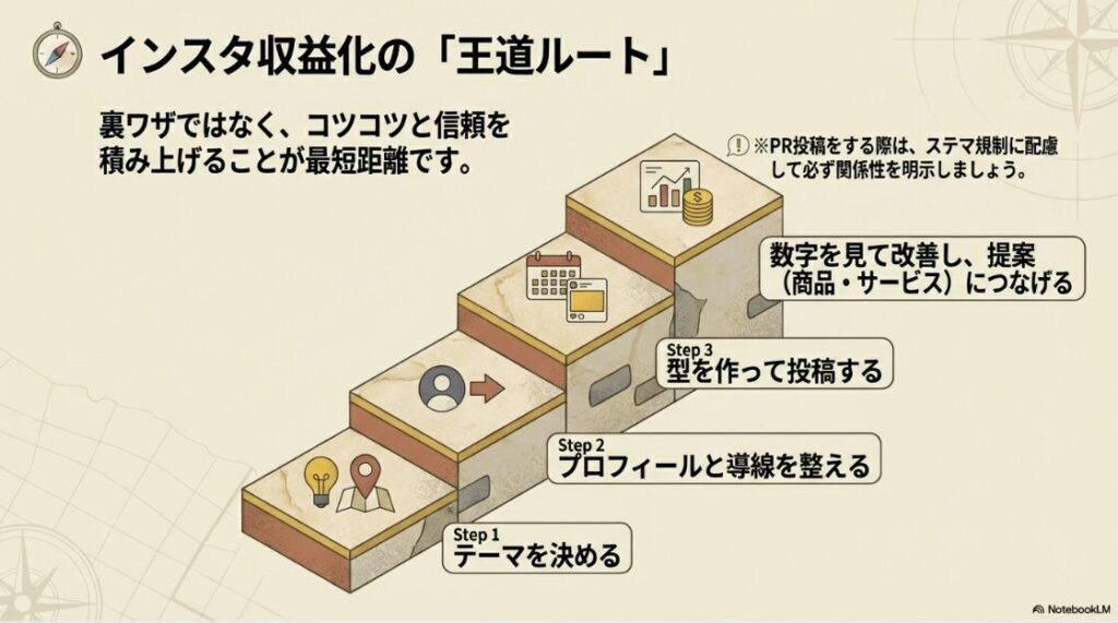 テーマ決めからプロフィール整備、型を作って投稿し収益化につなげるまでの3ステップ。