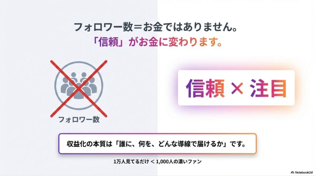 Instagramの収益化を徹底解説！インスタで稼ぐやり方や条件：インスタグラムの収益化はフォロワー数ではなく信頼と注目で決まることを示す図解