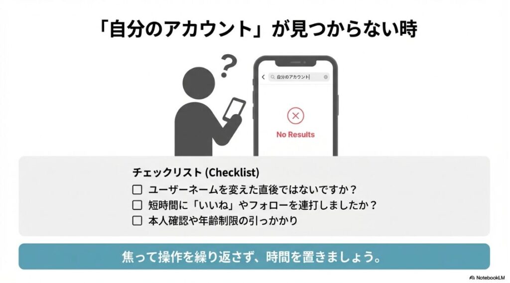インスタでユーザーが見つかりませんでしたと表示の原因：自分のインスタグラムアカウントが見つからない時に確認すべき、ユーザーネーム変更直後や年齢制限などの原因チェックリスト