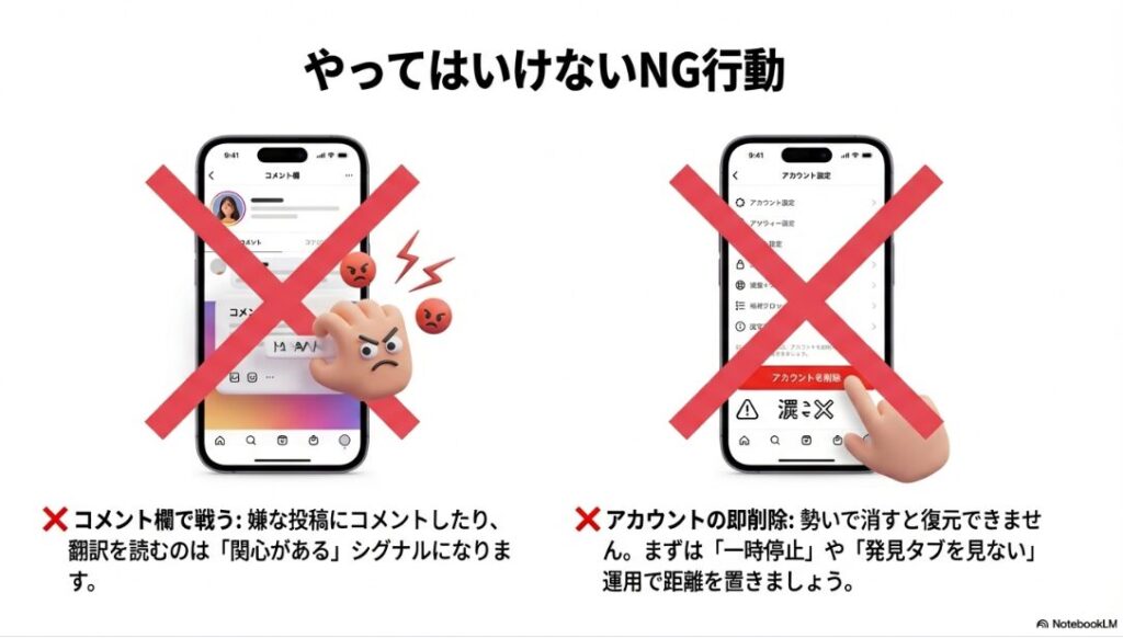 インスタのおすすめが海外ばかりの直し方【2026最新】海外投稿へのコメントやアカウントの即削除などやってはいけないNG行動のバツ印イメージ