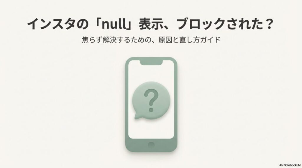 インスタで「null」の意味とは？ブロックか：スマートフォンの画面に「?」マークの吹き出しが表示されているイラスト。インスタのnull表示がブロックかどうか解説する記事のタイトル画像。