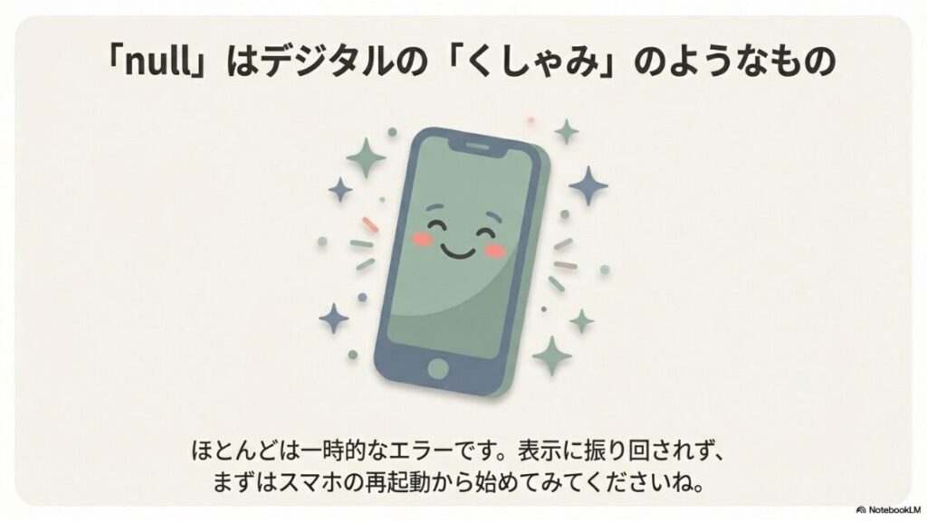 笑顔のスマートフォンのキャラクターのイラスト。nullは一時的なエラー(デジタルのくしゃみ)であることが多く、焦らず再起動から始めるよう促すメッセージ。