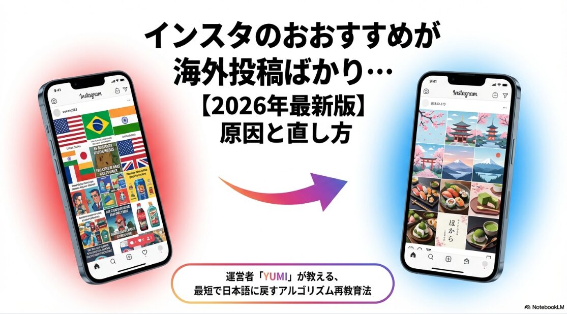 インスタのおすすめが海外ばかりの直し方【2026最新】インスタのおすすめやリールが海外投稿ばかりになったスマホ画面と桜の風景